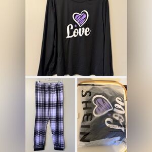 SHEIN Black Pajama Set with Purple Heart Detail